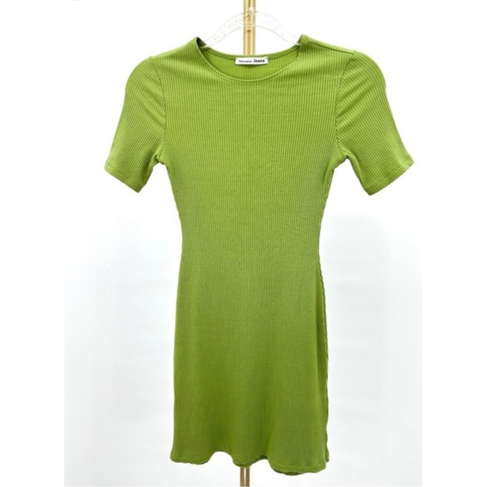 Reformation Jeans Lime Green Ribbed Tencel Mini Dress Short Sleeve XS Crew Neck